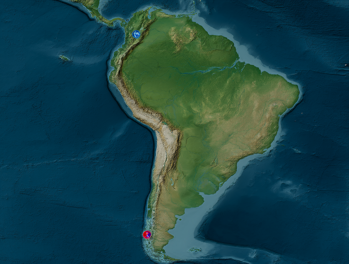 Mapa geográfico mostrando el paralelo 53 de latitud atravesando tanto la región sur como el norte del globo terráqueo, con marcadores en Punta Arenas y Edmonton.