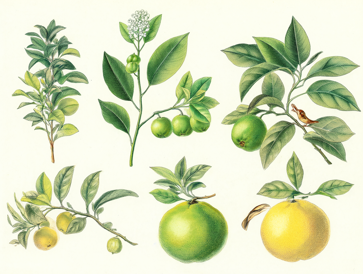 Ilustración científica mostrando el árbol genealógico de la familia Citrus.