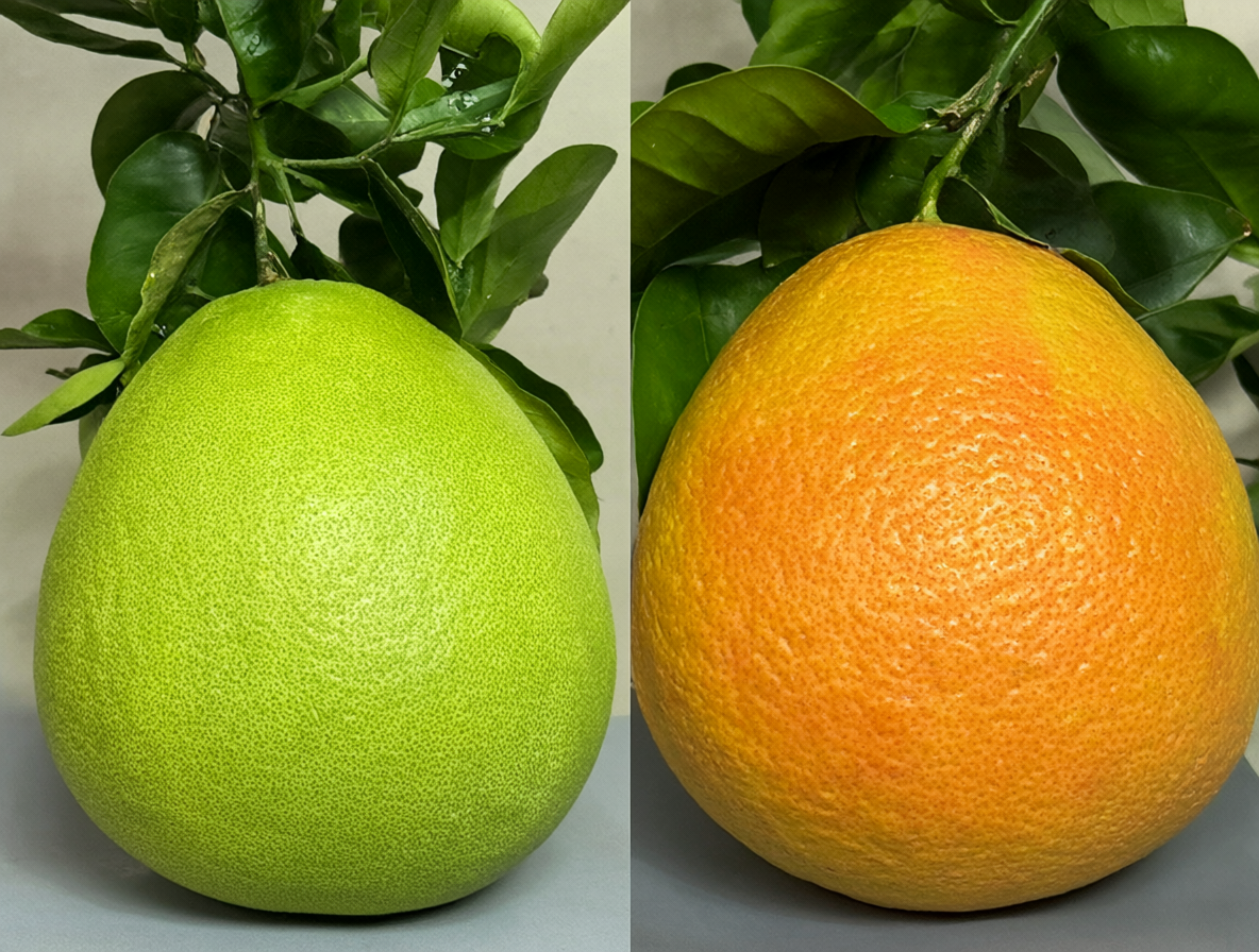 Fotos de un pummelo y un pomelo lado a lado para comparar su tamaño y cáscara.