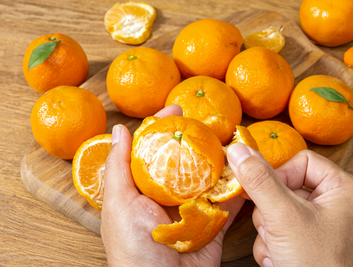 Foto de frutas cítricas siendo peladas para un snack moderno.