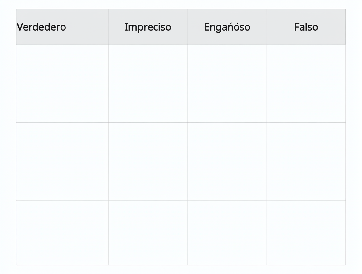 Tabla vacía preparada para comparar las afirmaciones de Boric y Kast categorizadas por veracidad.