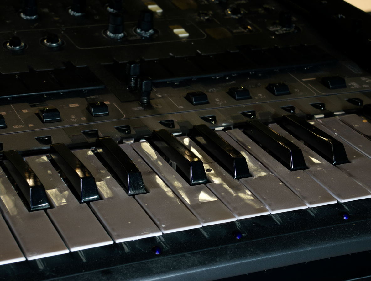 Vista cercana de la máquina Fairlight y sus controles.