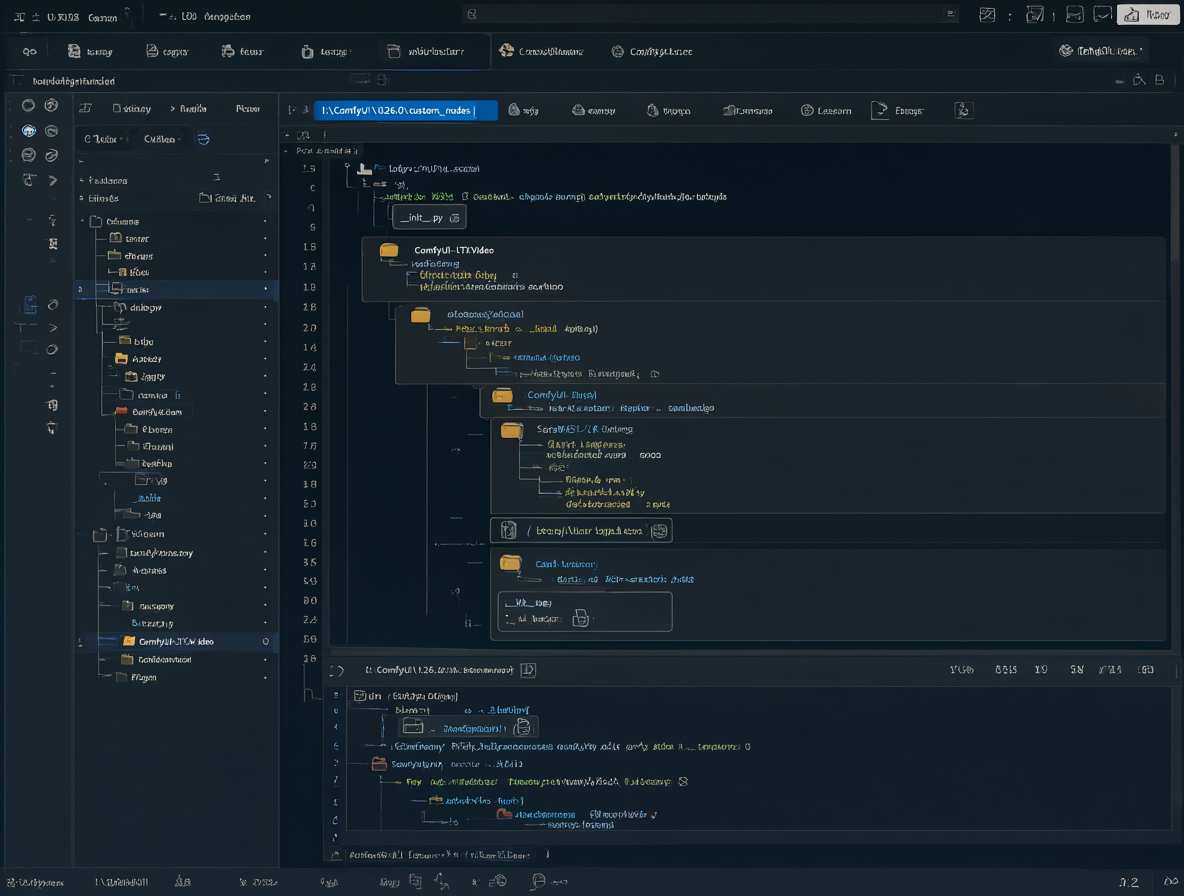 Diagrama técnico mostrando la ruta I:ComfyUI.26.0custom_nodes con una carpeta de nodo personalizada instalada correctamente.