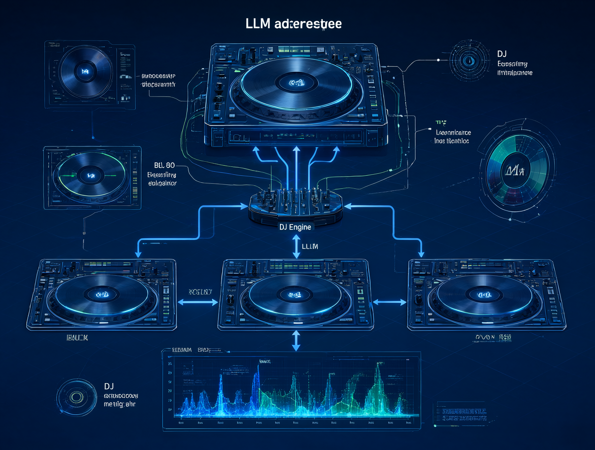 Diagrama técnico de un sistema DJ autónomo donde una IA dirige la selección de canciones hacia un motor de mezcla.
