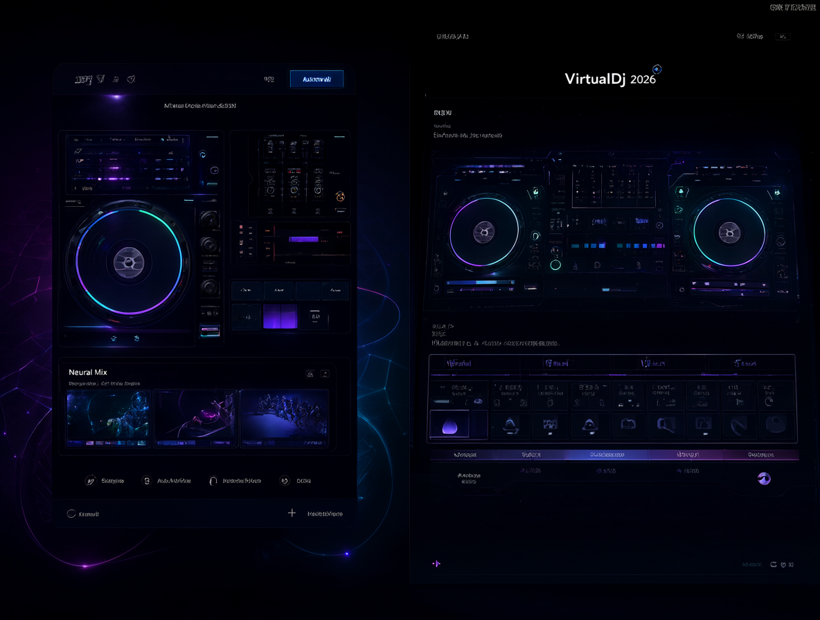Vista comparativa de dos softwares de DJ avanzados mostrando sus capacidades de IA y stems.