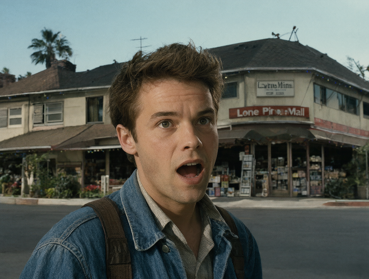 Marty McFly parado frente a su casa en 1985 y el Lone Pine Mall
