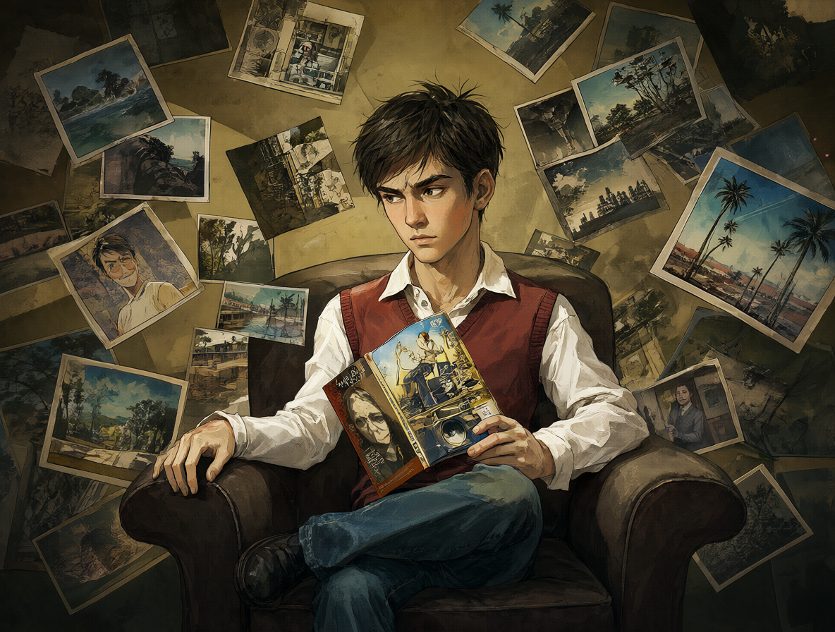 Personaje leyendo el cómic Who Is Marty McFly mientras sus recuerdos cambian a su alrededor