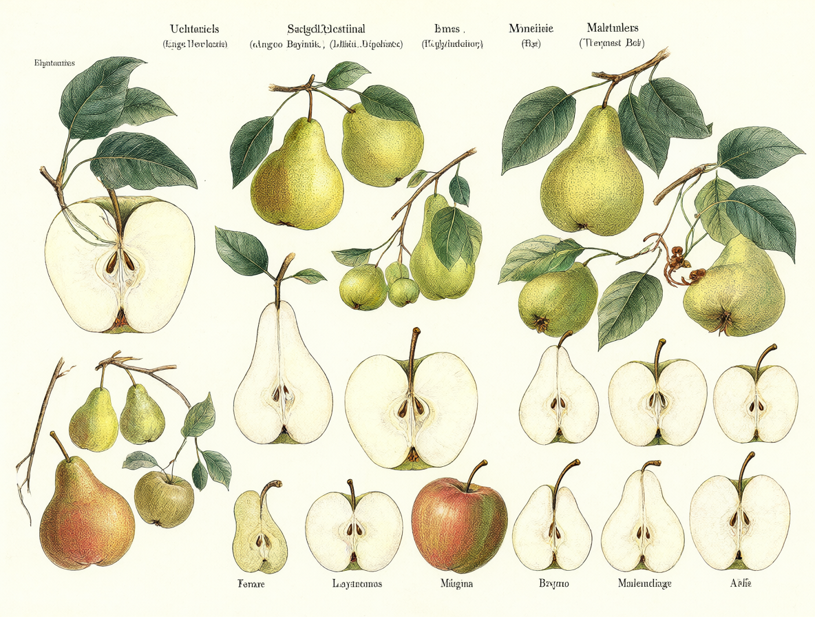 Ilustración científica mostrando el árbol genealógico de las frutas comestibles.