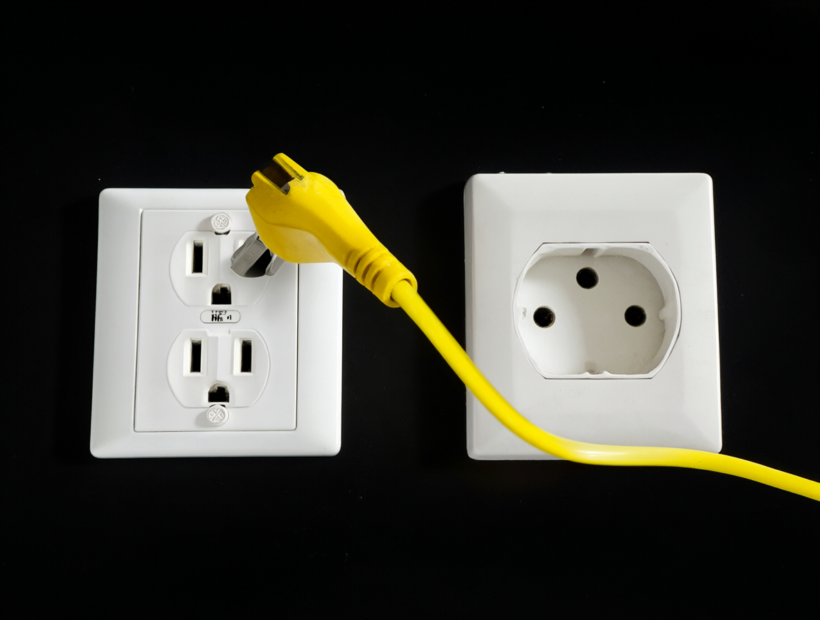 Close-up comparison between an NEMA 5-15 socket and a Type L socket with a yellow power cable disconnected from the Chilean one.