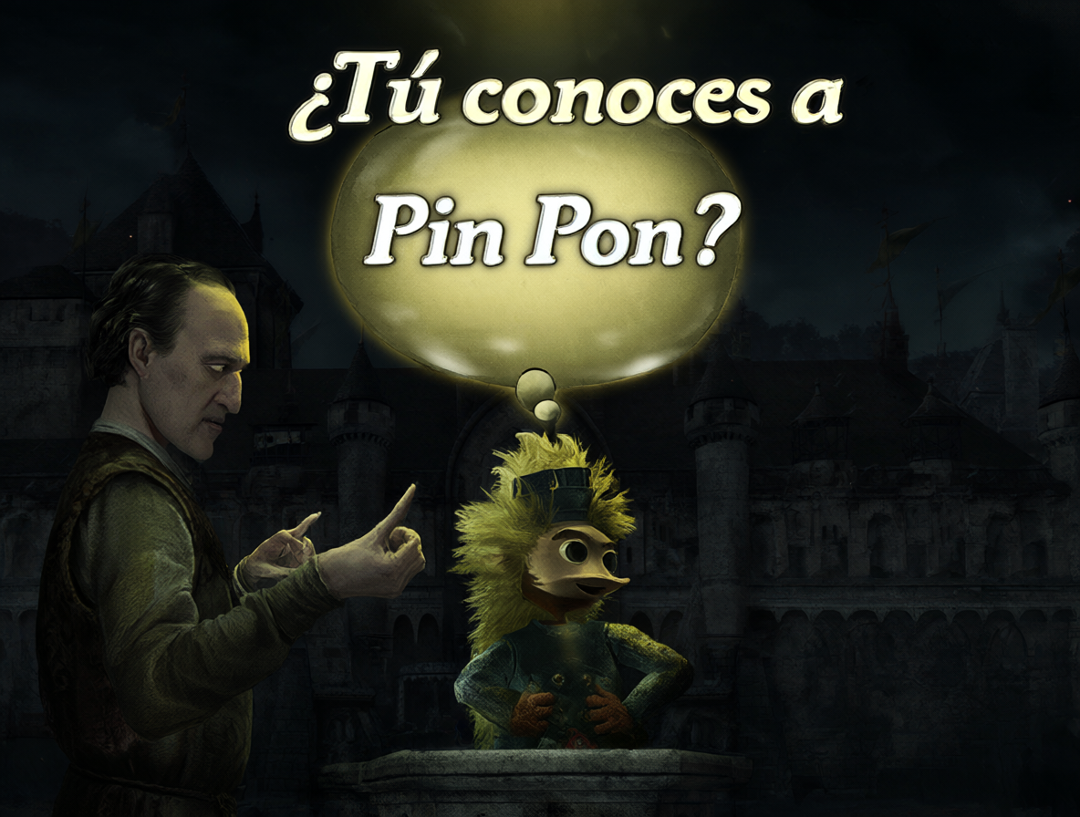 Farquaad interrogando a Shrek con el texto Pin Pon destacado
