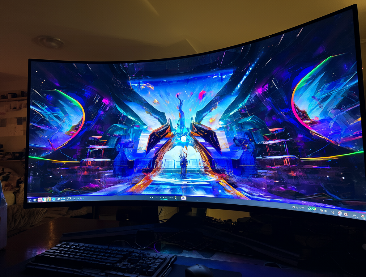 Vista de cerca de un setup de gaming en una habitación acogedora, destacando un enorme monitor curvo brillante rodeado de periféricos mecánicos.