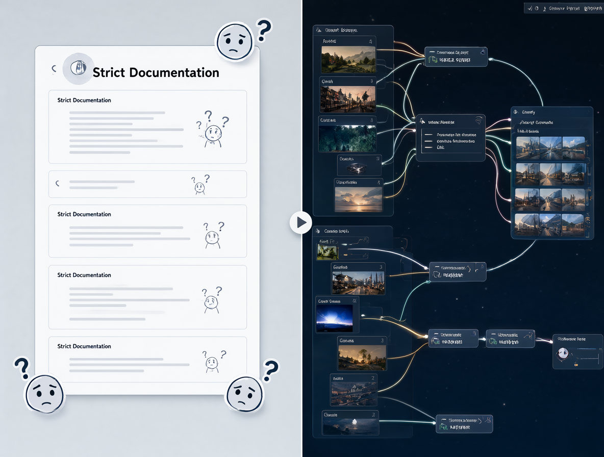 Split screen showing failed strict prompting on left and successful workflow on right