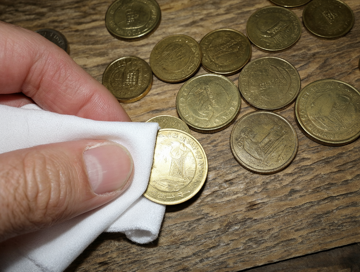 Vista cercana de monedas de 10 pesos chilenas sobre una mesa de madera rústica, siendo limpiadas suavemente con un paño de microfibra.