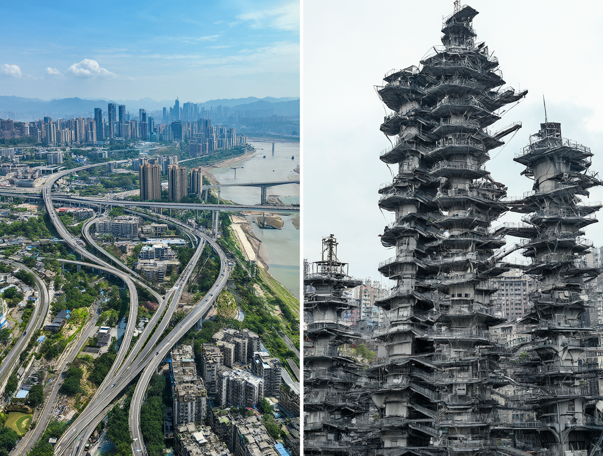 Vista aérea dividida que compara infraestructuras urbanas superpuestas con un entorno de anime vertical.