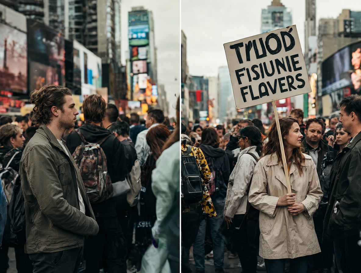 Una composición dividida que muestra cómo un individuo se mezcla en una multitud urbana versus cómo se destaca sosteniendo un cartel de activismo.