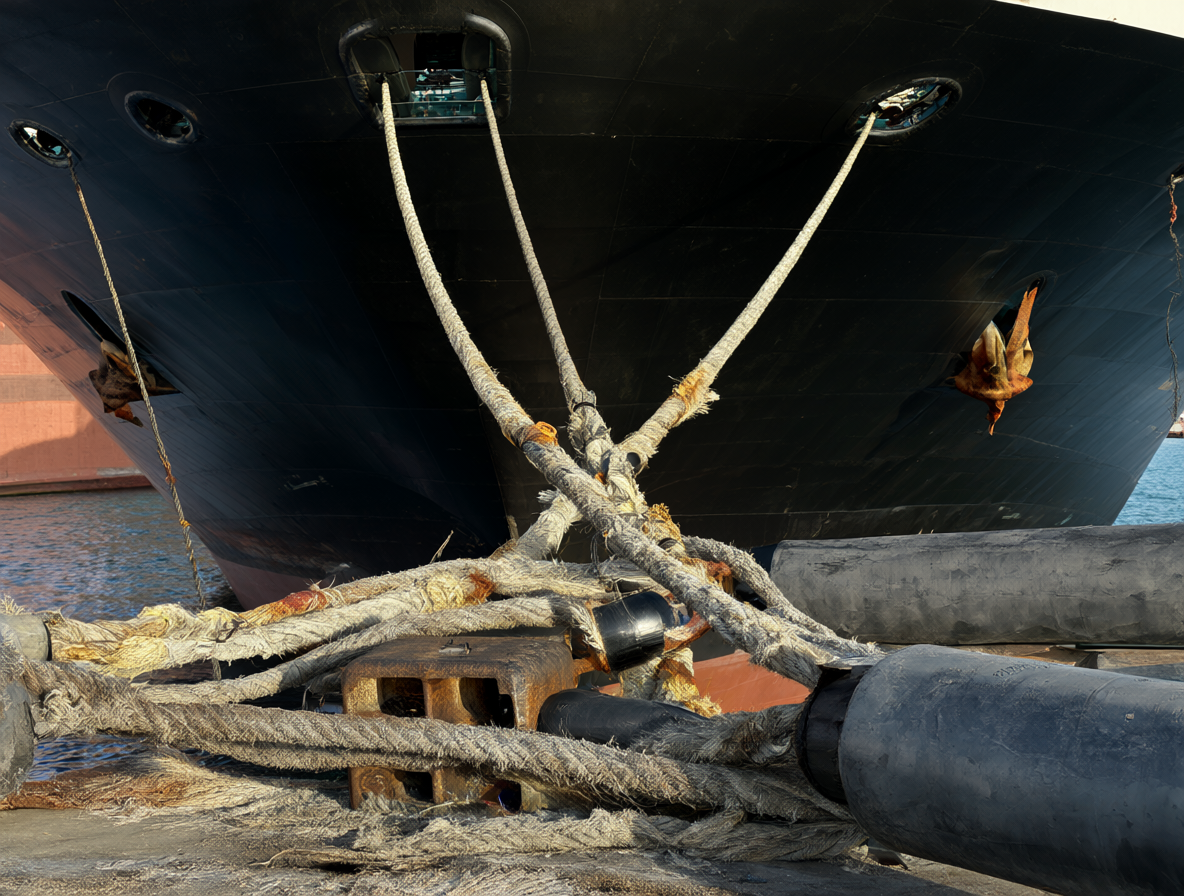Vista detallada de un gran buque portacontenedores atracado en un muelle industrial, mostrando claramente las líneas de amarre gruesas de acero extendiéndose desde los cabos del barco hacia los bolardos del puerto, con grandes defensas elásticas de goma comprimidas entre el casco y la estructura de hormigón.