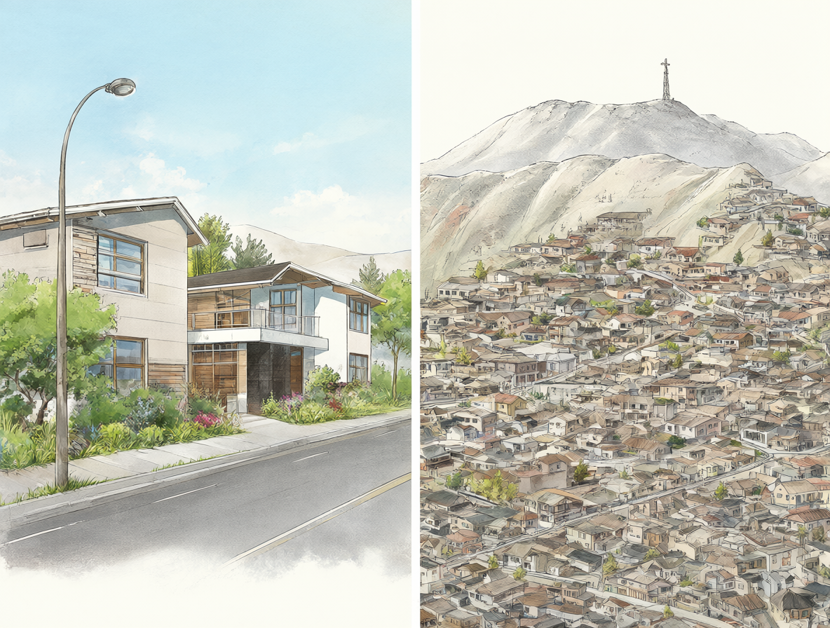 Ilustración comparativa entre un barrio moderno y uno histórico en Chile