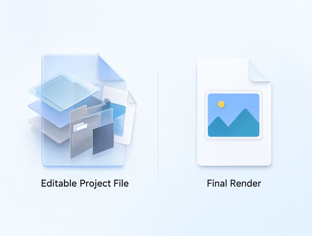 Infografía comparando un archivo de proyecto editable con una imagen final renderizada para explicar la diferencia en generación de IA.