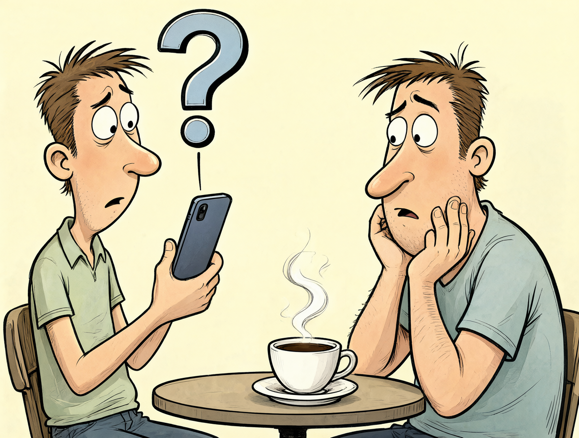 Persona confundida mirando su teléfono mientras se le ofrece un café con términos extraños.