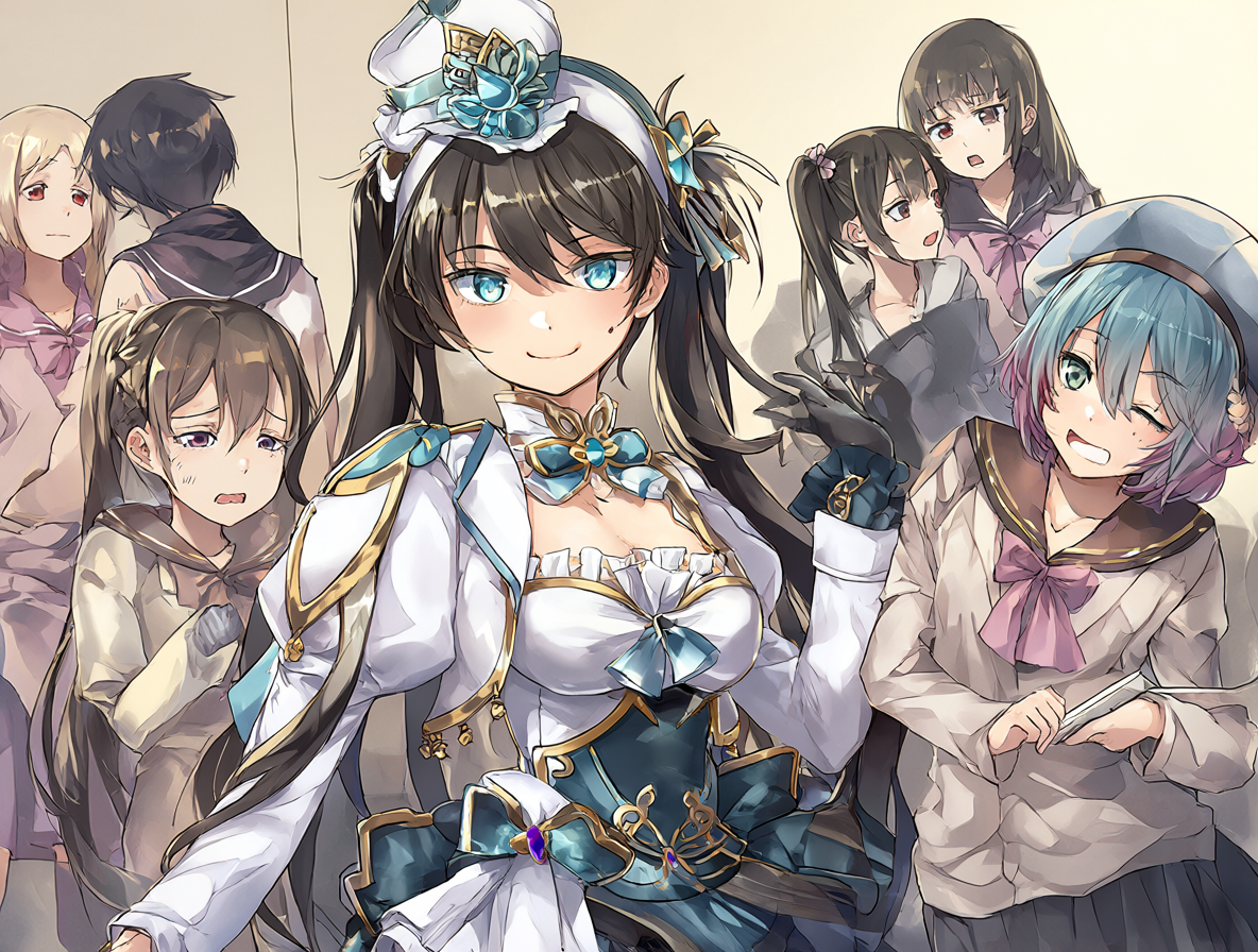 Ilustración digital mostrando las dinámicas sexuales entre personajes de anime, con Marin Kitagawa en cosplay, Tomoko Kuroki socialmente ansiosa, Rika Shiguma siendo sugerente y personajes de Seitokai Yakuindomo conversando.