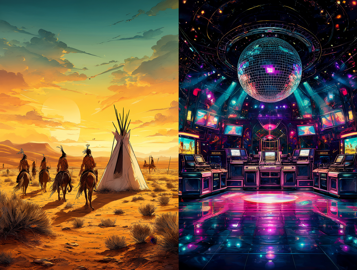 Ilustración dividida mostrando un desierto con comanches a la izquierda y luces de discoteca neón a la derecha.