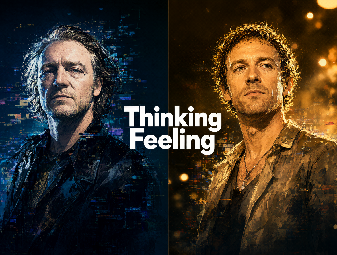Split illustration of Thom Yorke and Chris Martin representing thinking versus feeling in music.