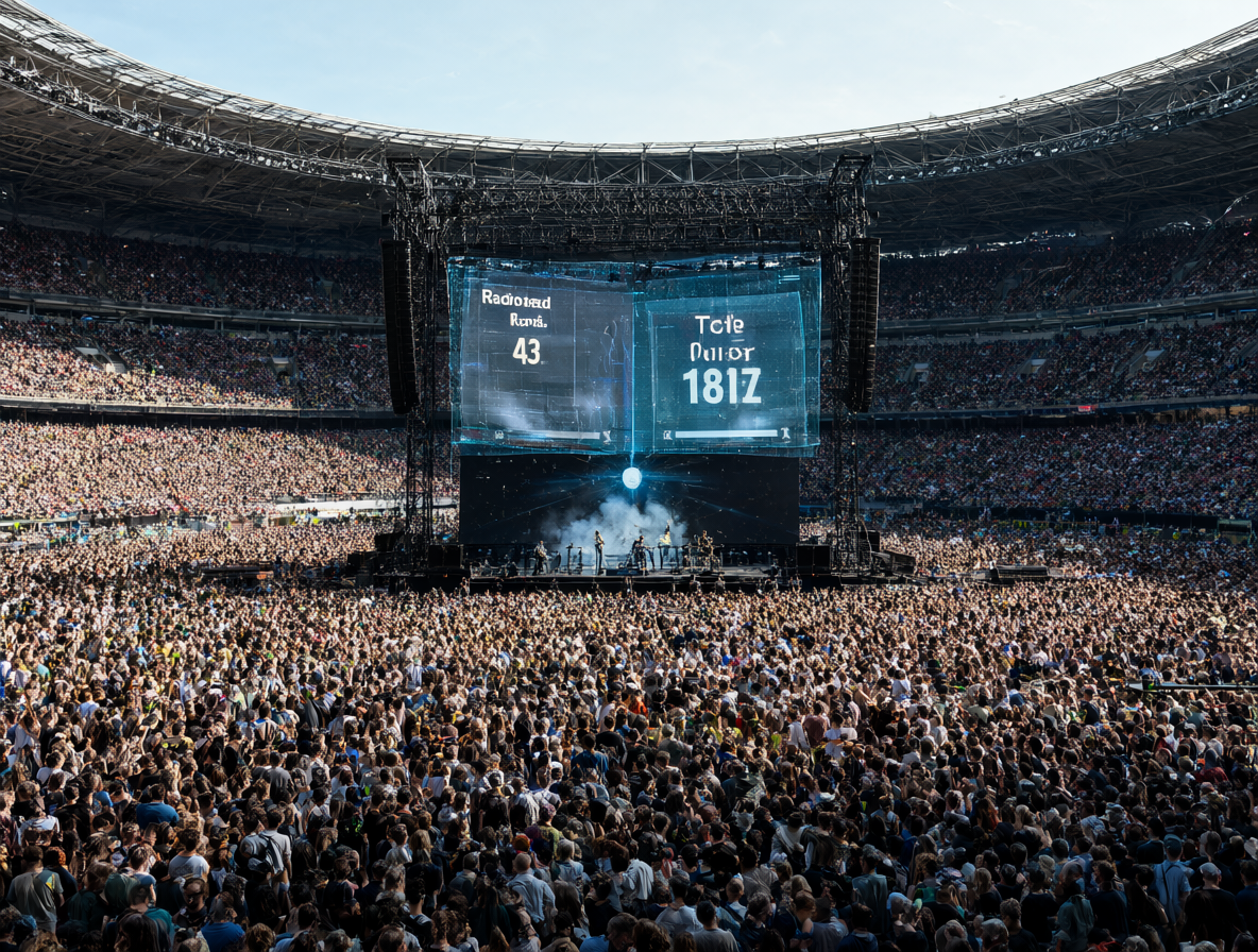 Wide-angle view of a packed stadium concert with holographic audience statistics.