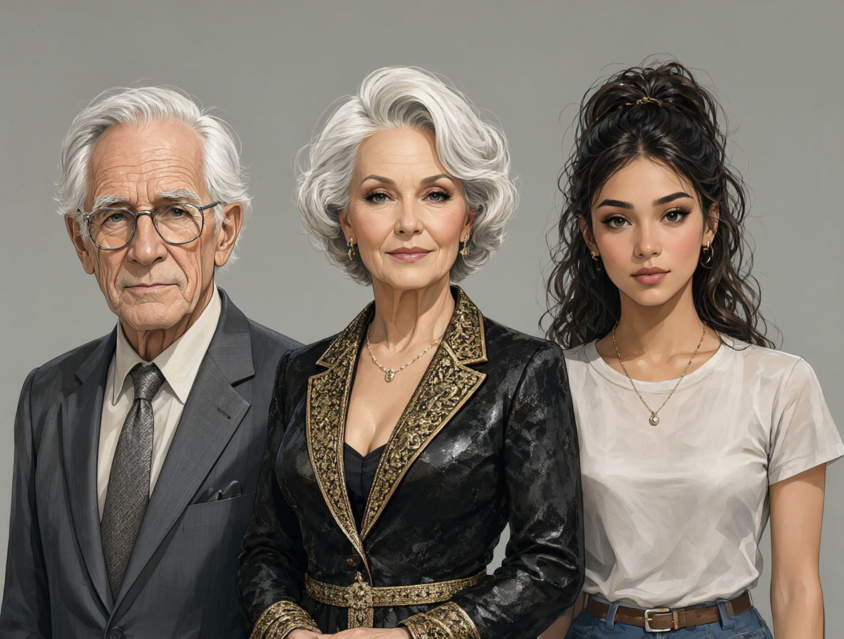 Three AI virtual influencers standing together in a studio: an elderly man with glasses, a wealthy sophisticated woman, and a young vibrant woman.