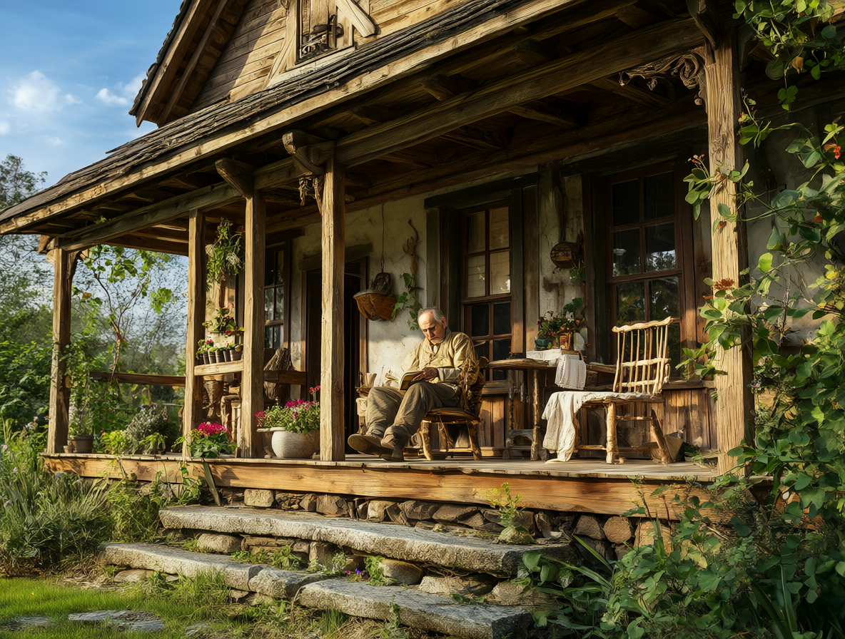 An elderly man sitting on a rustic farmhouse porch surrounded by green plants under clear sky.