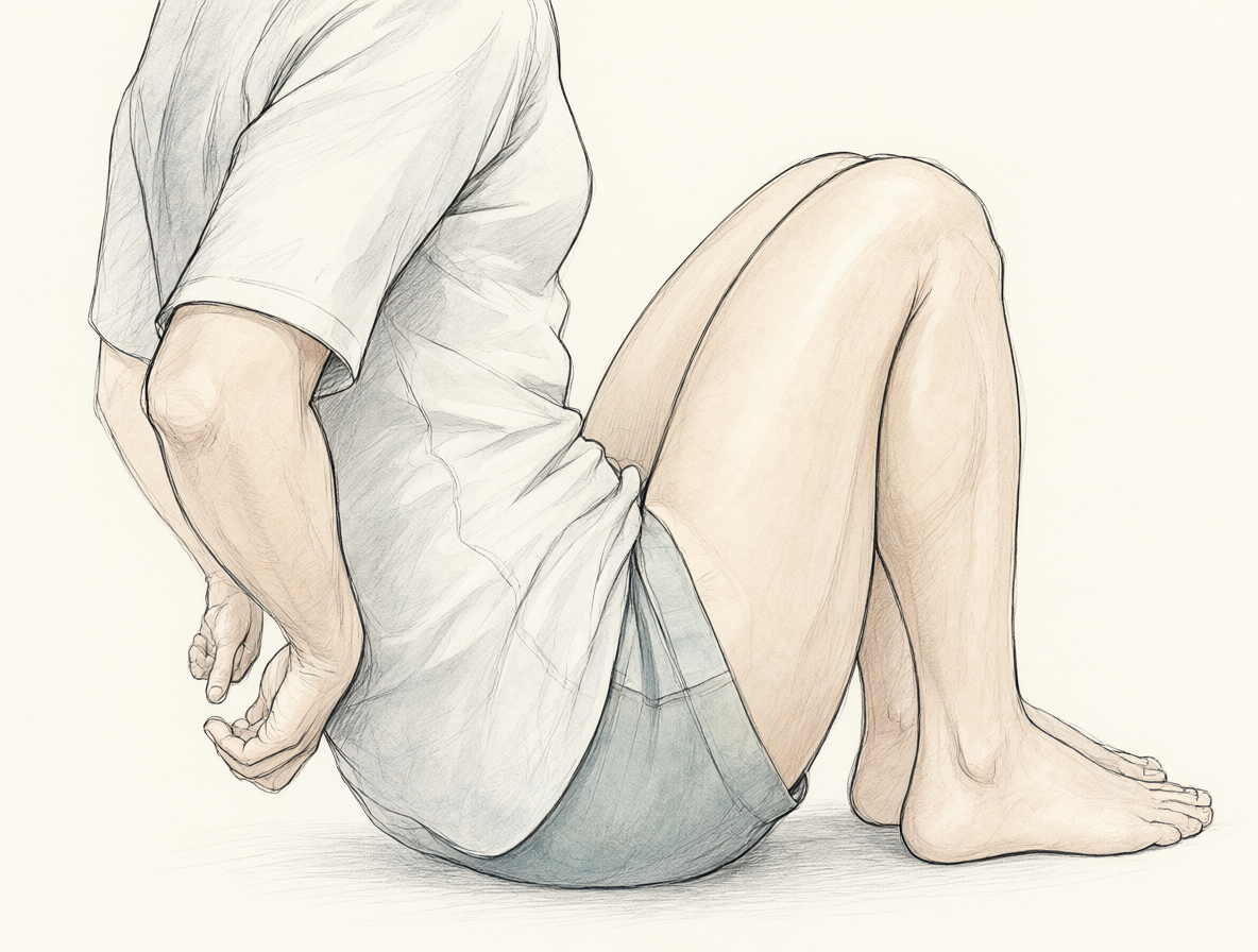 Ilustración de una persona en posición sentada con manos atrás y rodillas flectadas