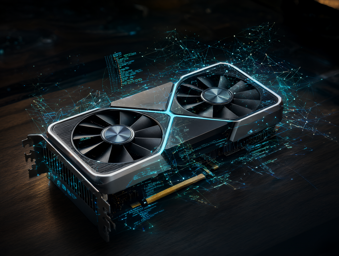 Una tarjeta gráfica RTX 3060 brillante rodeada de datos holográficos y código flotante en un entorno oscuro.