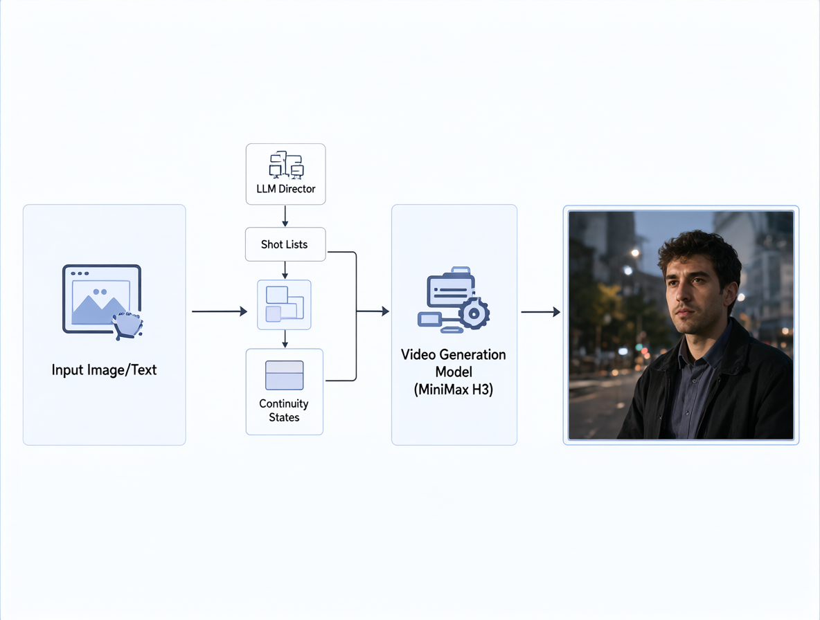 Un diagrama técnico mostrando las tres etapas del pipeline de generación de vídeo con IA.