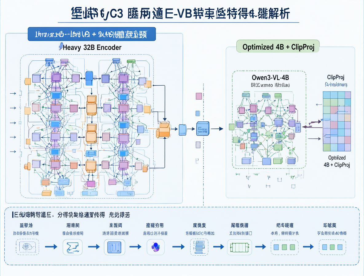 Diagram comparing MiniMax H3 workflow architectures: a heavy 32B encoder versus an optimized 4B model with projection matrix.