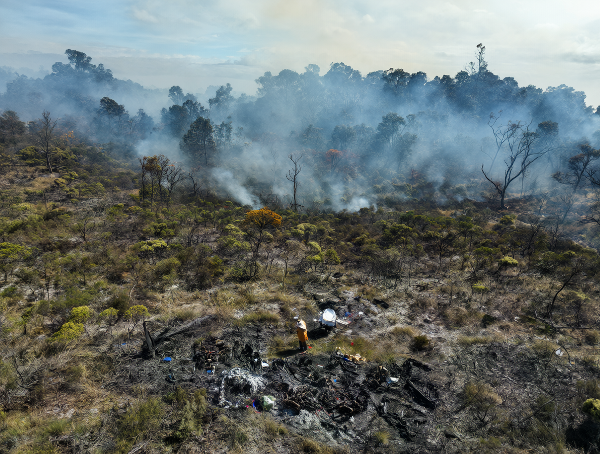 Vista aérea de un incendio forestal masivo en Chile y expertos forenses recolectando muestras de restos carbonizados.