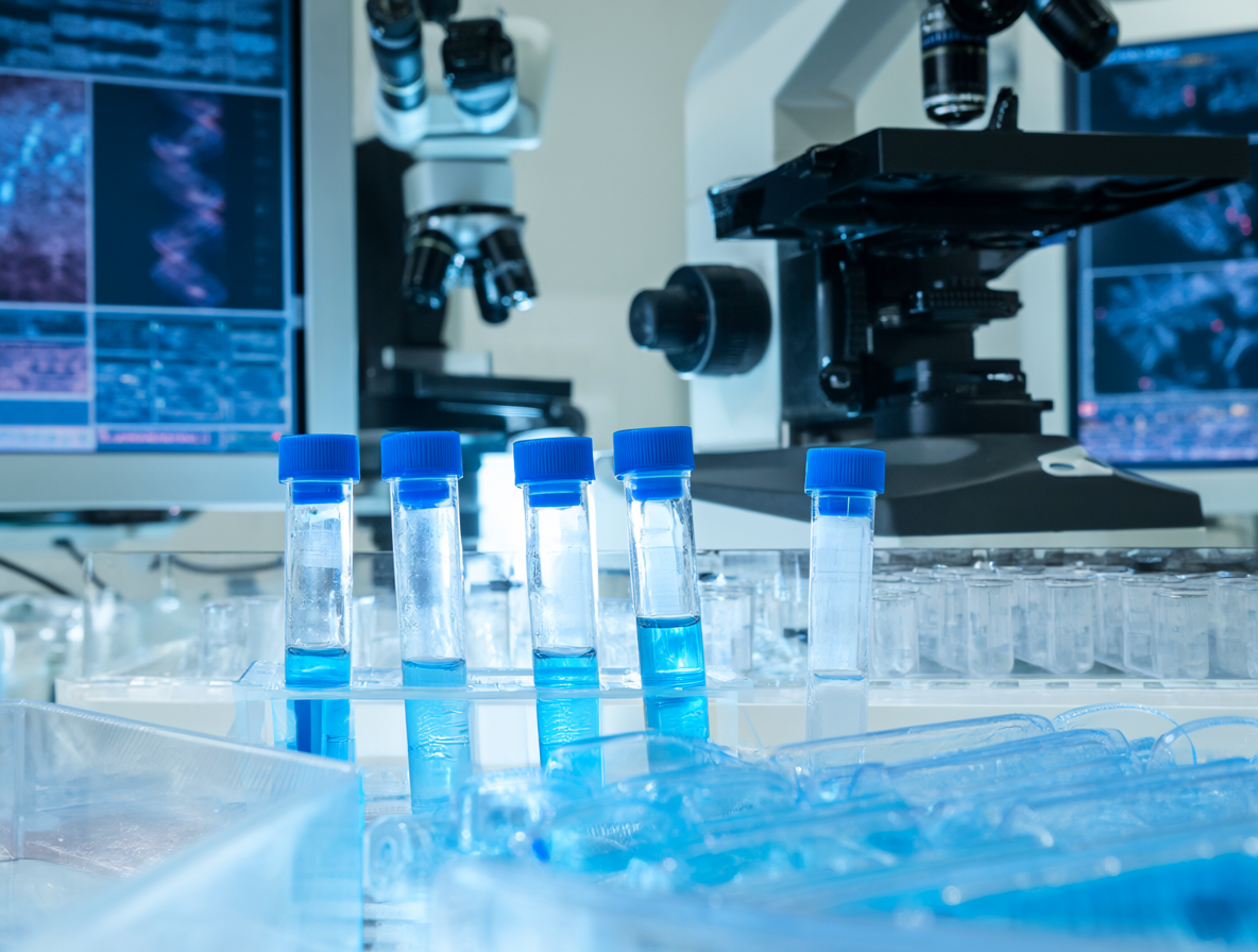 Laboratorio forense con tubos de ensayo y perfiles genéticos en pantallas.