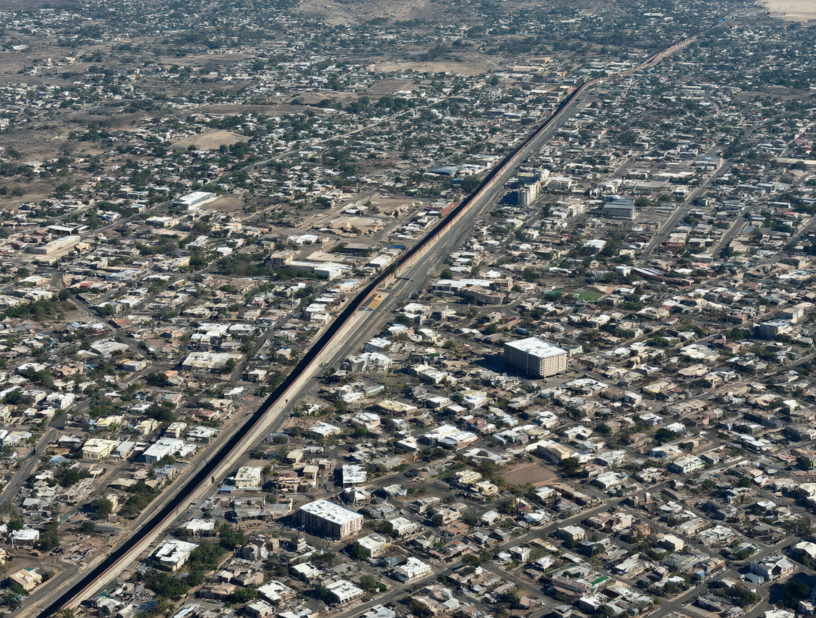 Vista aérea de las ciudades gemelas divididas por la frontera