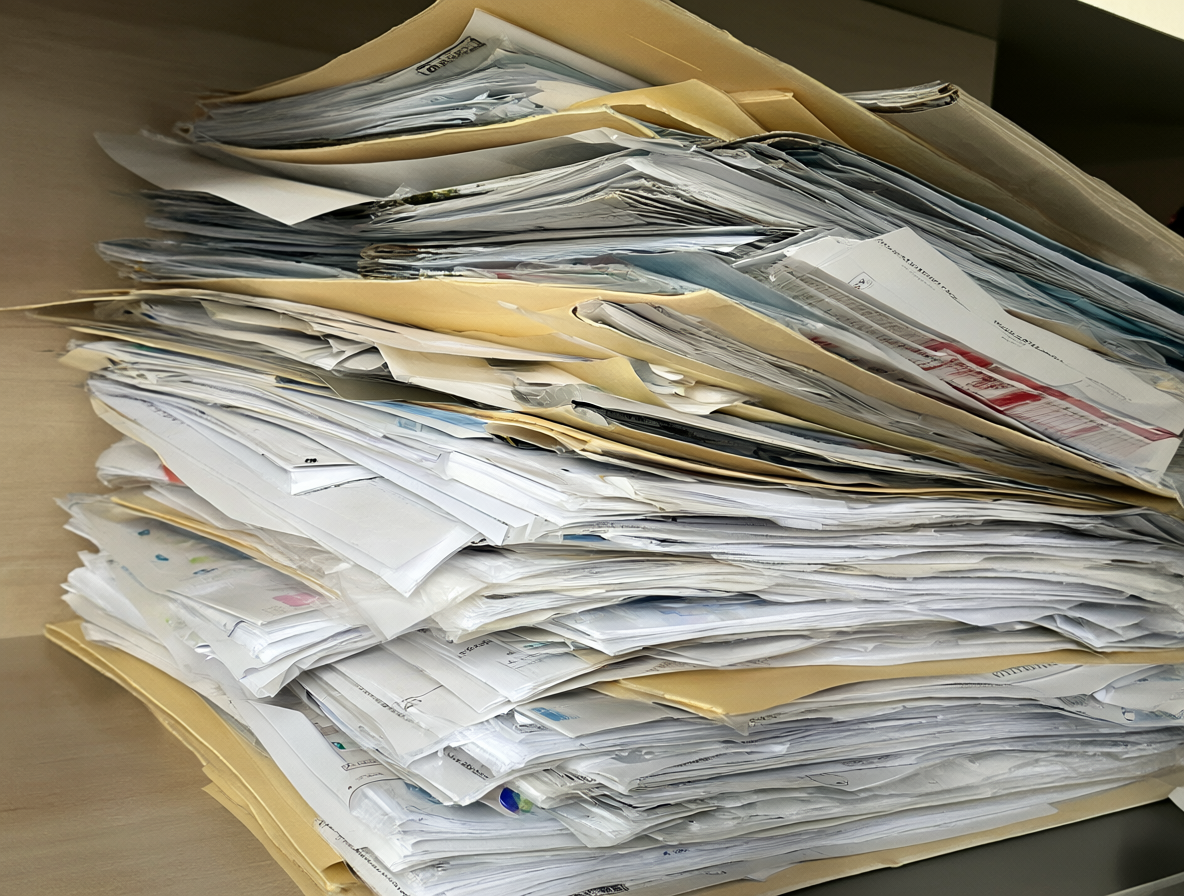 Un archivo administrativo con montones de documentación clínica esperando ser procesada.