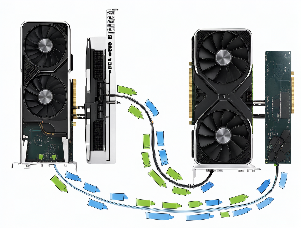 Sección transversal esquemática de un PC con dos GPUs conectadas mediante un cable riser, visualizando paquetes de datos transferidos entre los chips.