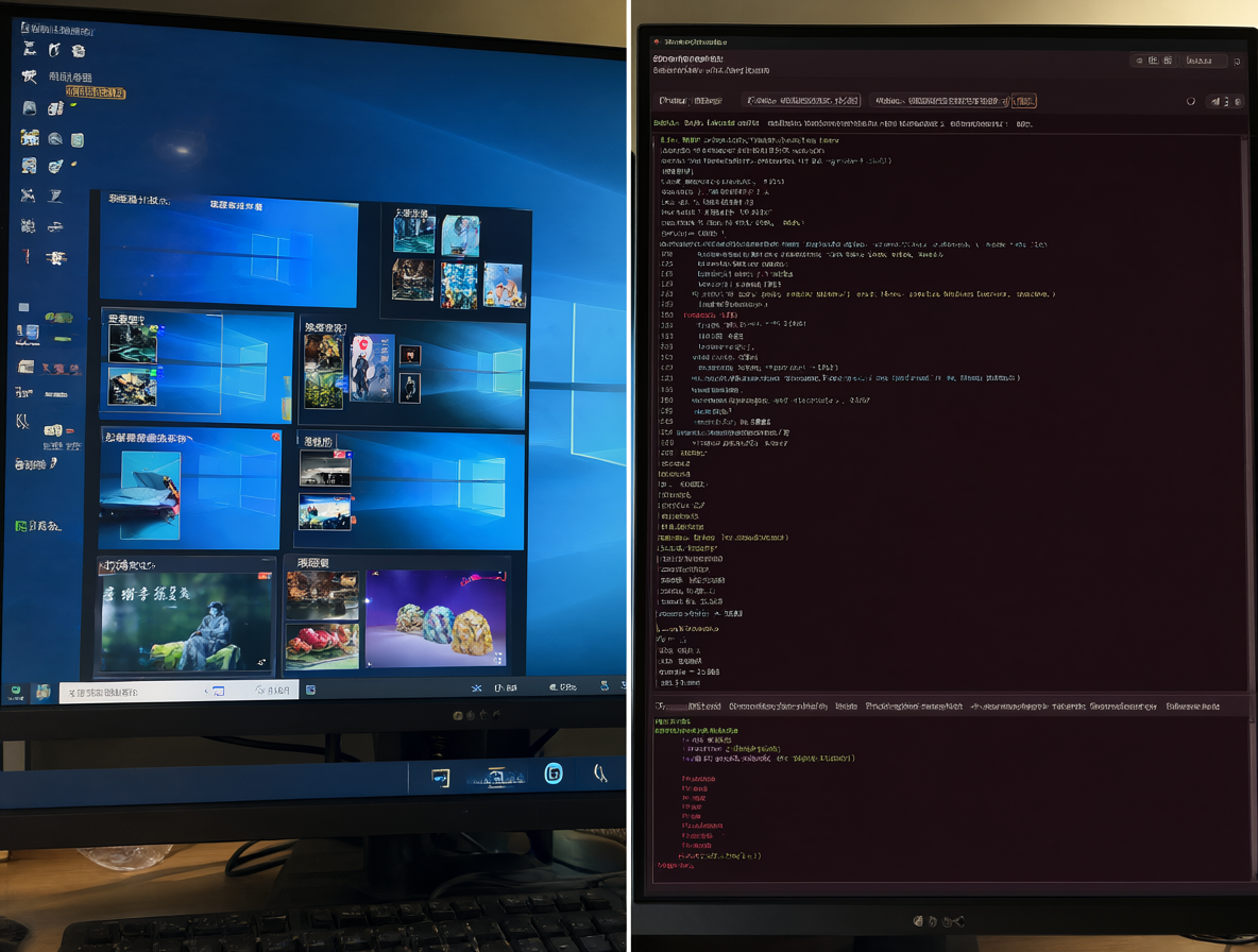 Vista dividida de un entorno de escritorio mostrando dos sistemas operativos ejecutando software de inferencia simultáneamente.