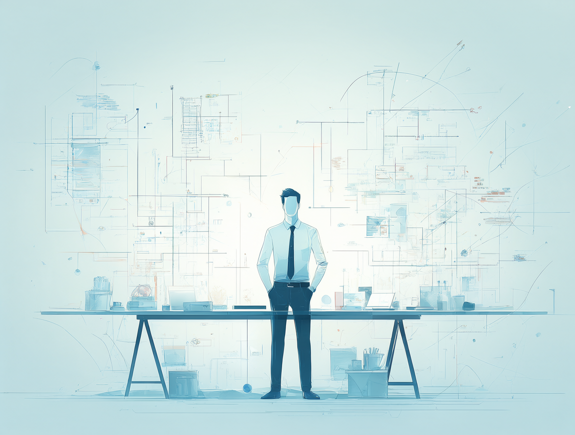 Ilustración minimalista de un experto trabajando con esquemas técnicos brillantes.