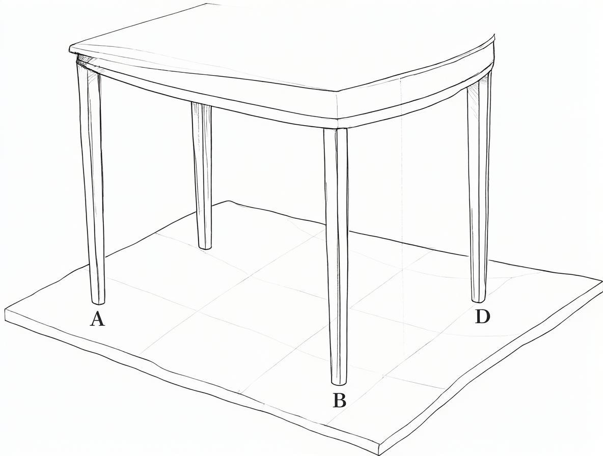 Diagrama técnico de una mesa con cuatro patas etiquetadas sobre un suelo geométrico irregular.