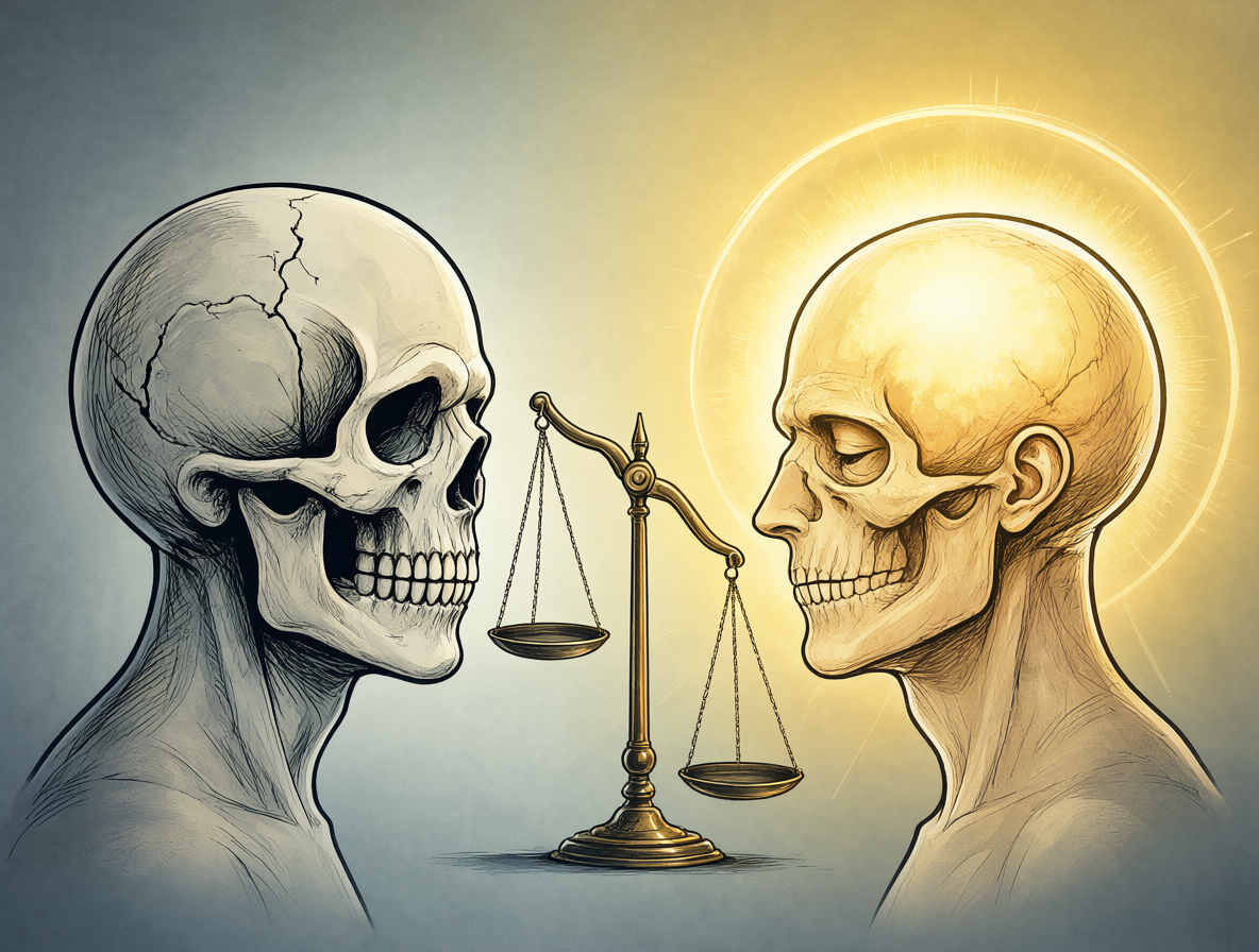 Ilustración conceptual mostrando dos mentes opuestas: una con un ojo de calavera para el escepticismo y otra iluminada para la caridad, equilibradas sobre una balanza.