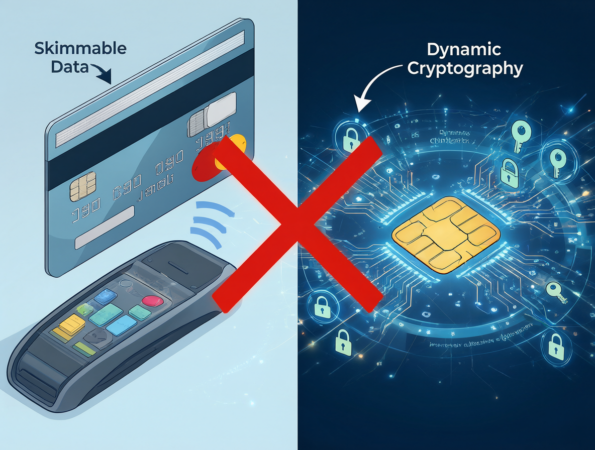 Diagrama técnico que contrasta una tarjeta con banda magnética fácil de leer frente a un chip EMV protegido por cifrado dinámico.