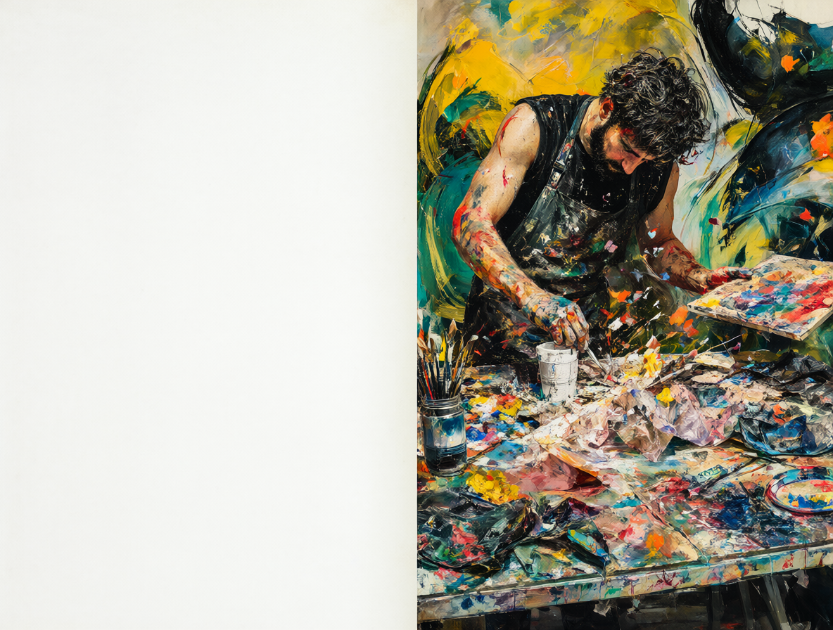 A visual split between creative doubt and active transformation