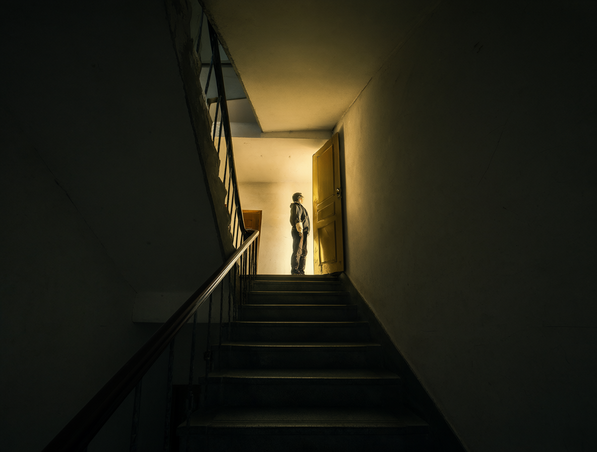 A figure finding their way up a staircase
