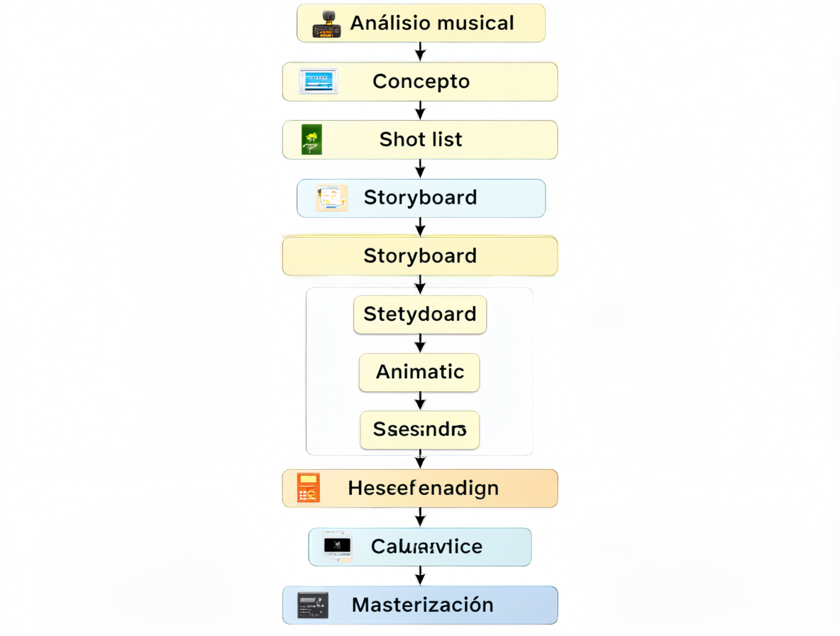 Diagrama técnico mostrando las etapas de un flujo de trabajo de creación de video con IA.
