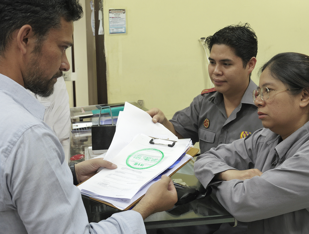 Empleado municipal entregando un expediente en una ventanilla oficial con sello verde de aprobación
