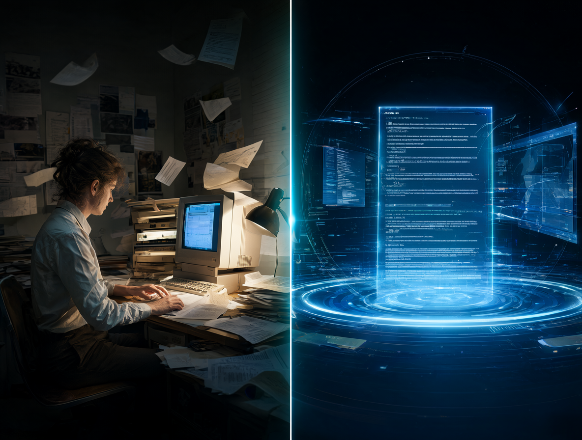 Composición dividida mostrando a un humano trabajando frenéticamente frente a una computadora antigua, mientras que al lado se ve una interfaz de software brillante procesando texto automáticamente.