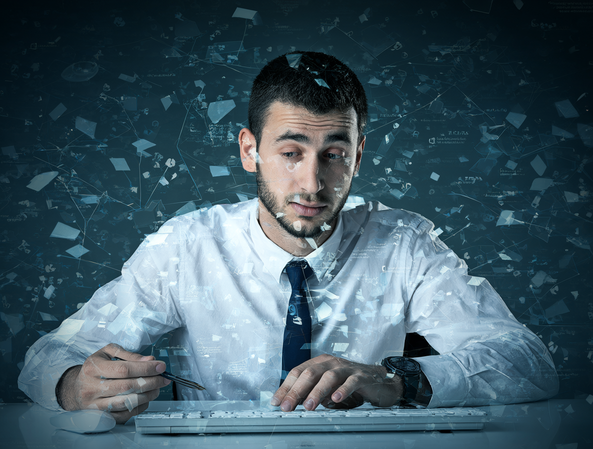 Un profesional agotado rodeado de fragmentos flotantes de código y bloques de texto generados por máquinas, revisando el trabajo automatizado.