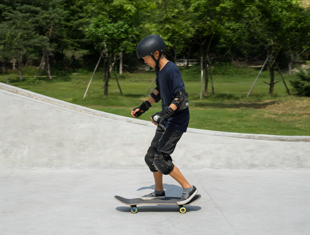 Persona bajando una colina en un skate con casco, rodilleras y coderas.
